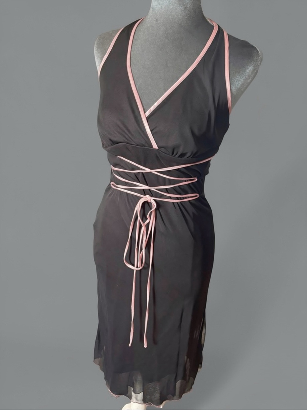 Vintage Y2K Hourglass Black Pink Halter Midi Dress Mesh Overlay Tie Waist Sz S